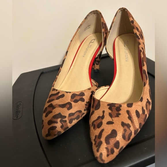 Chinese Laundry Leopard Print 10M Women's Vegan Suede Brown Cone Heel Red Trim - Picture 3 of 5